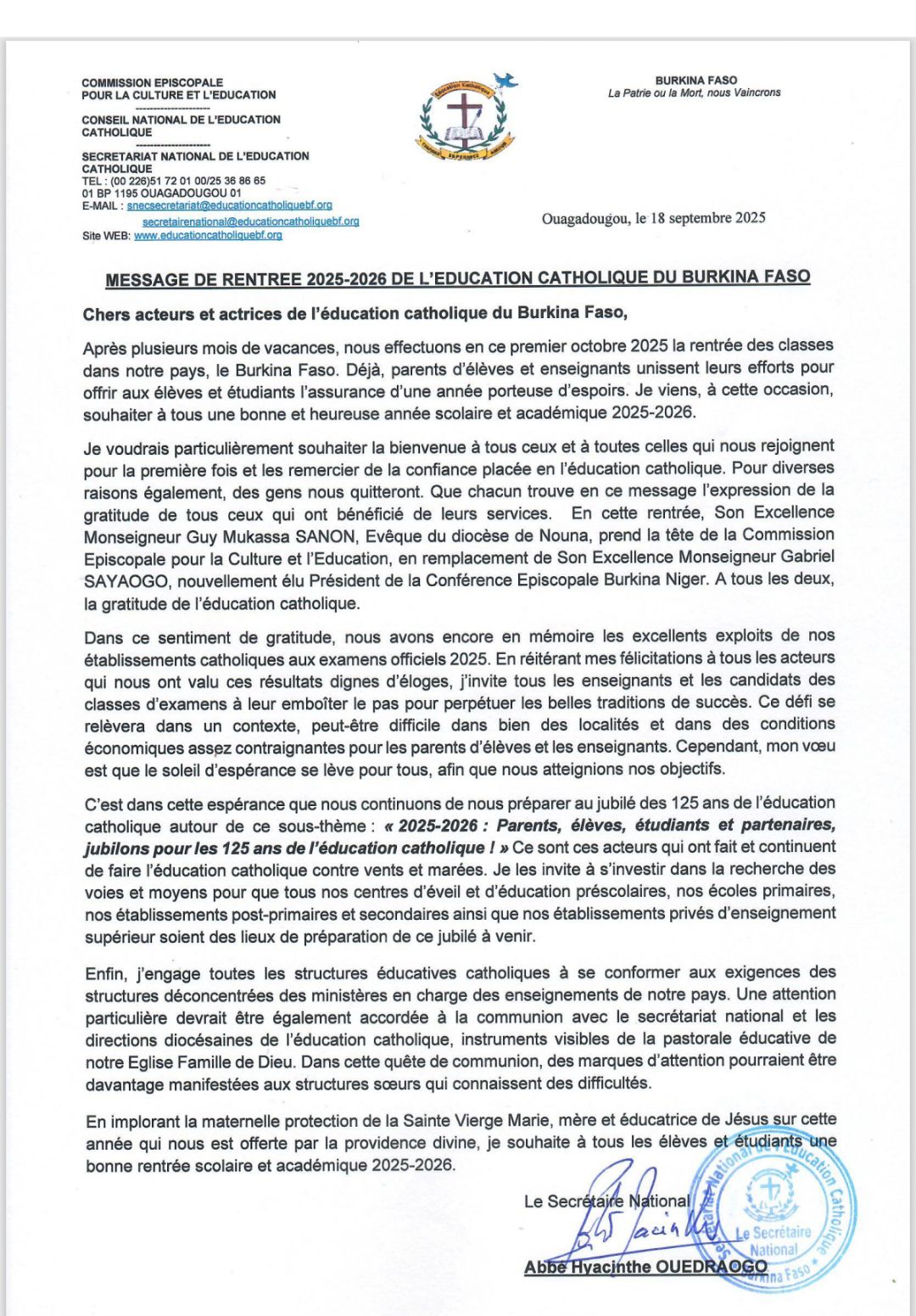 𝐌𝐄𝐒𝐒𝐀𝐆𝐄 𝐃𝐄 𝐑𝐄𝐍𝐓𝐑𝐄𝐄 𝟐𝟎𝟐𝟓-𝟐𝟎𝟐𝟔 𝐃𝐄 𝐋’𝐄𝐃𝐔𝐂𝐀𝐓𝐈𝐎𝐍 𝐂𝐀𝐓𝐇𝐎𝐋𝐈𝐐𝐔𝐄 𝐃𝐔 𝐁𝐔𝐑𝐊𝐈𝐍𝐀 𝐅𝐀𝐒𝐎
